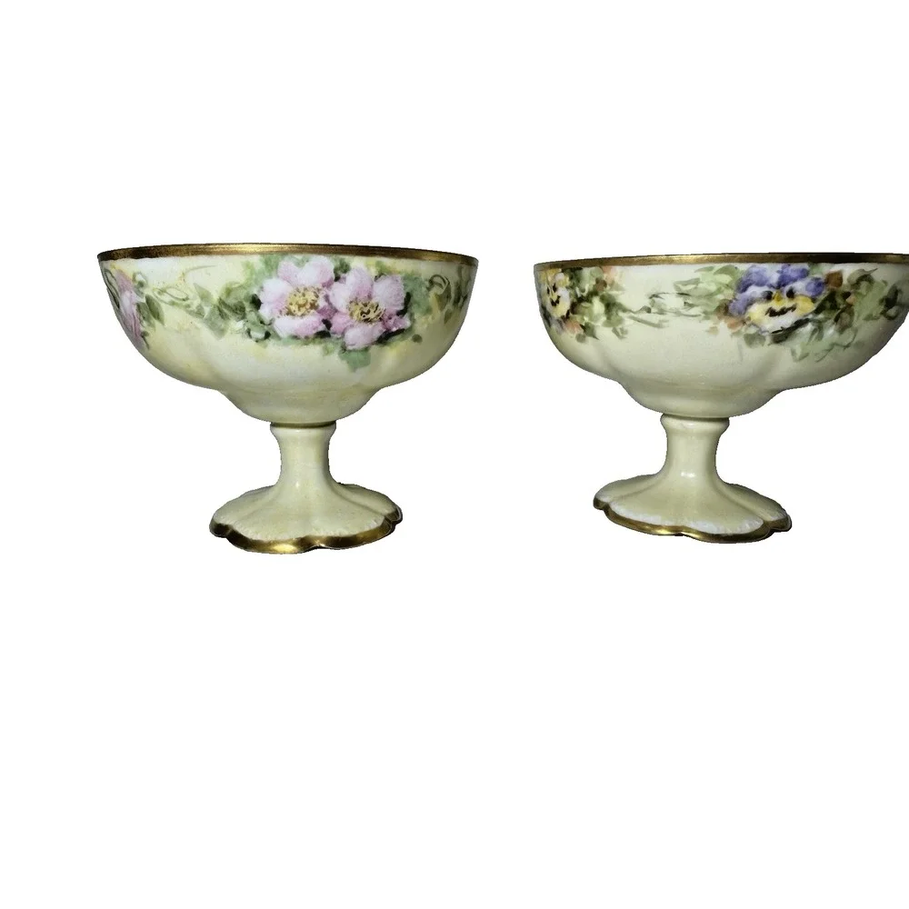 Antique O&EG Royal Austria Hand Painted Floral Sherbet Cups Compotes Gold Gilt 2